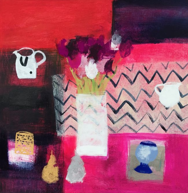 Tulips by a dark window